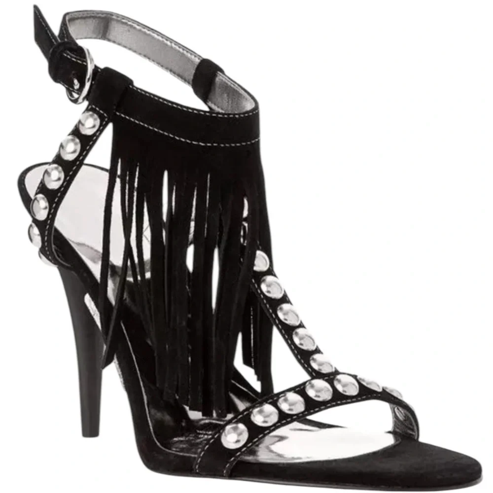 Guess Size 10 black Galiena Strappy heels with Fringe And Silver Studs